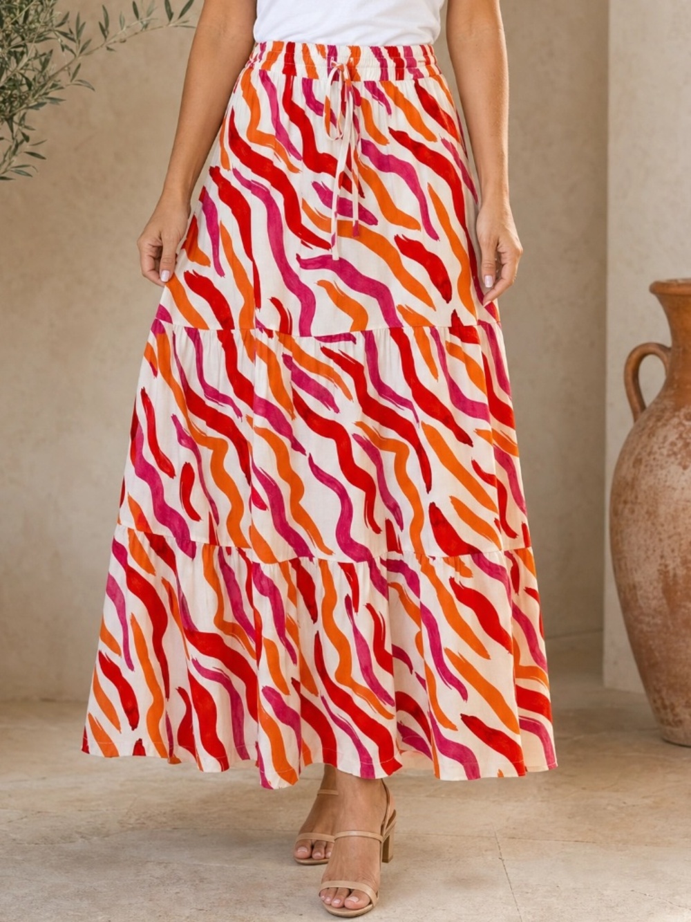 IMAN Abstract Print Maxi Skirt Size M Tiered Boho Resort Vacation Wear NWOT